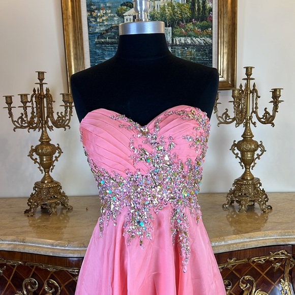 Women’s formal rhinestone pleated bodice high low skirt prom dress - Picture 2 of 4